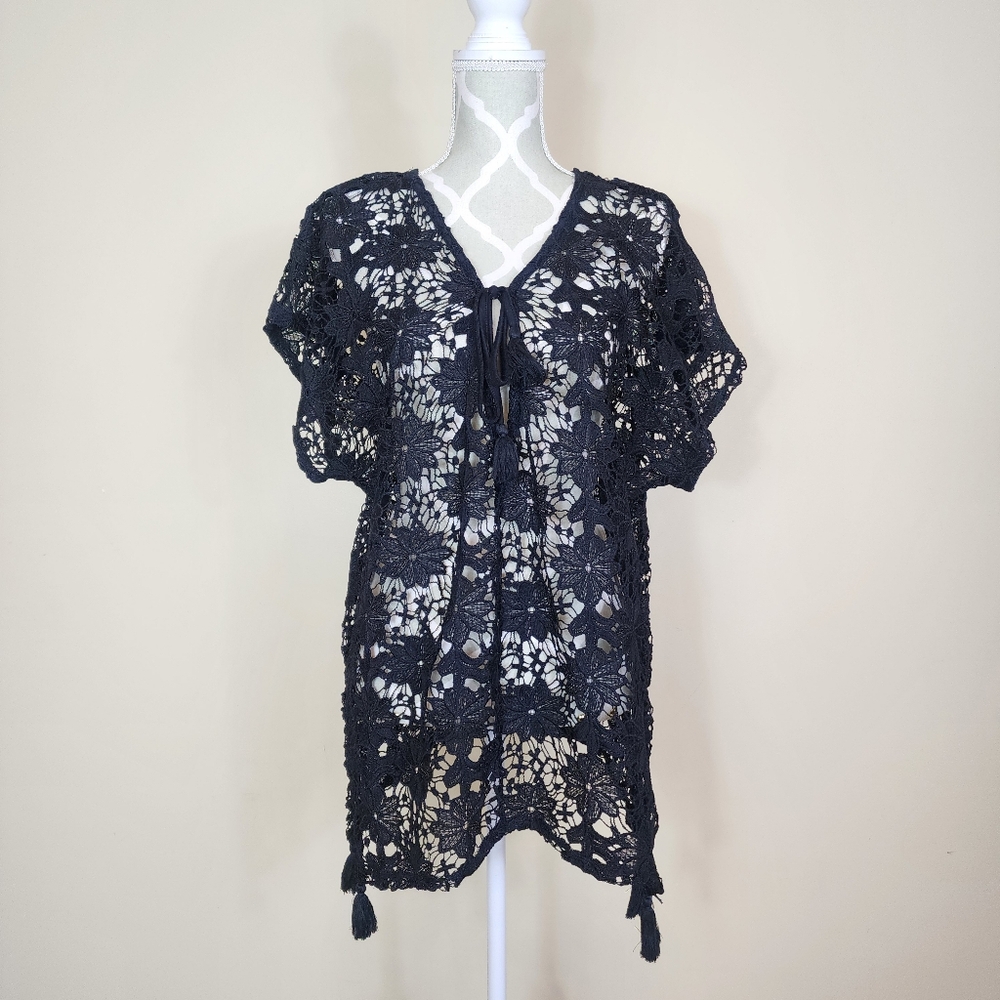 Lacey Floral Crochet Bikini Swimsuit Cover Up Dress Top with Tassels Size Medium